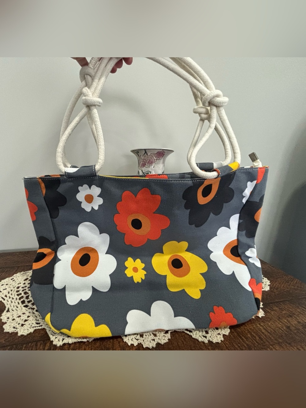 Canvas Floral Tote Bag in Gray, White, Yellow and Orange
